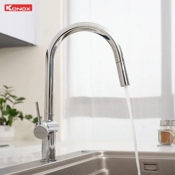 Vòi rửa bát nóng lạnh dây rút Konox Comfor Chrome