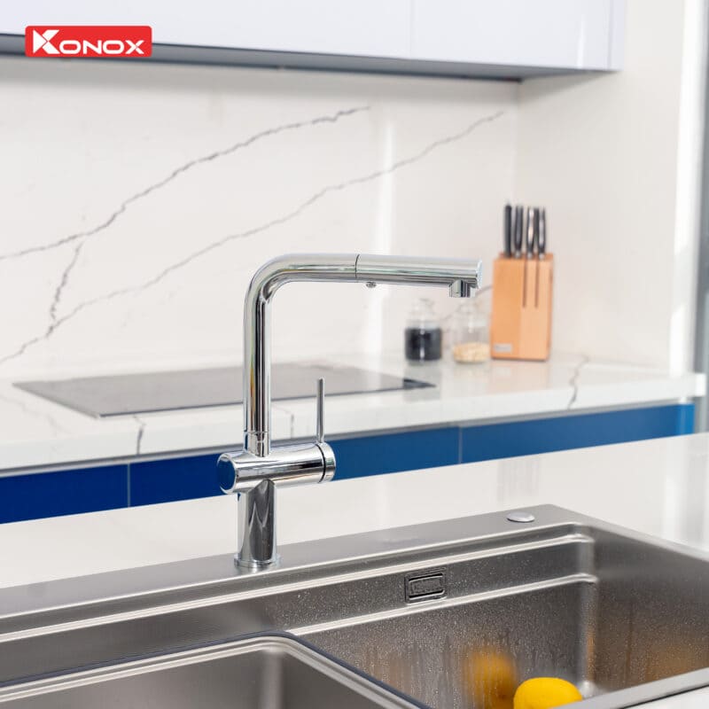 Vòi rửa bát nóng lạnh dây rút Konox Stream Chrome