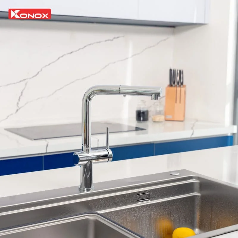 Vòi rửa bát nóng lạnh dây rút Konox Stream Chrome