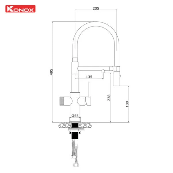 Bản vẽ kỹ thuật vòi rửa bát nóng lạnh 3 đường nước Konox Combi Chrome