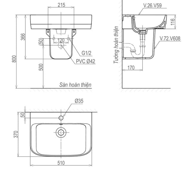 Bản vẽ kỹ thuật chậu rửa mặt chân lửng Viglacera V59