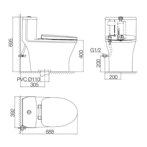Bản vẽ kỹ thuật bồn cầu 1 khối nắp rơi êm Viglacera V803 