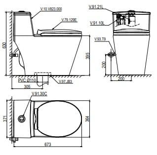 Bản vẽ kỹ thuật bồn cầu 1 khối nắp rơi êm Viglacera V823 