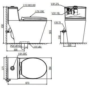Bản vẽ kỹ thuật bồn cầu 1 khối nắp rơi êm Viglacera V823 
