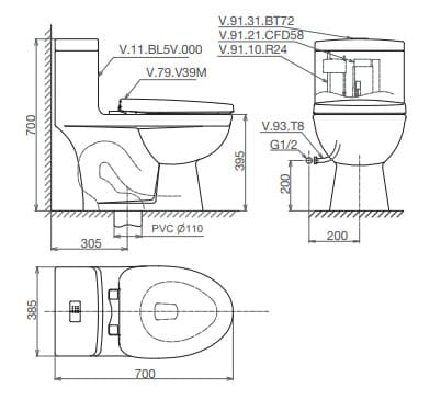 Bản vẽ kỹ thuật bồn cầu 1 khối nắp rơi êm Viglacera V825 