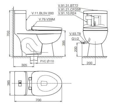 Bản vẽ kỹ thuật bồn cầu 1 khối nắp rơi êm Viglacera V825