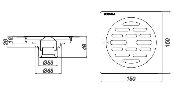 Bản vẽ kỹ thuật ga thoát sàn inox304 Sekino 304GC312