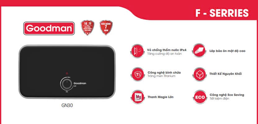 Bình nóng lạnh gián tiếp ngang 30lít Goodman GN30