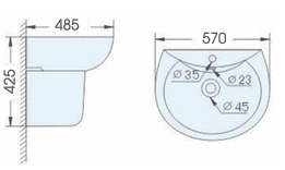 Bản vẽ kỹ thuật chậu lavabo treo tường chân lửng ATMOR AT3007D