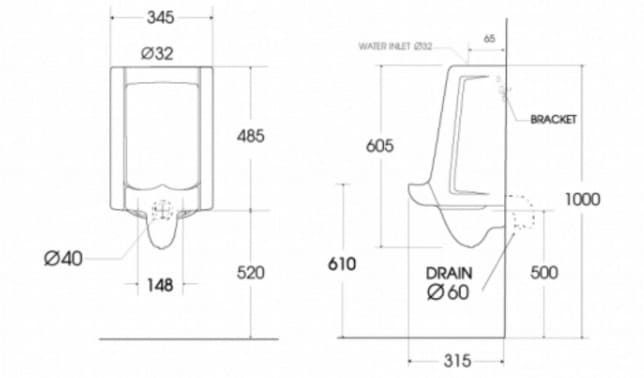 Bản vẽ  kỹ thuật tiểu nam treo tường ATMOR AT6024