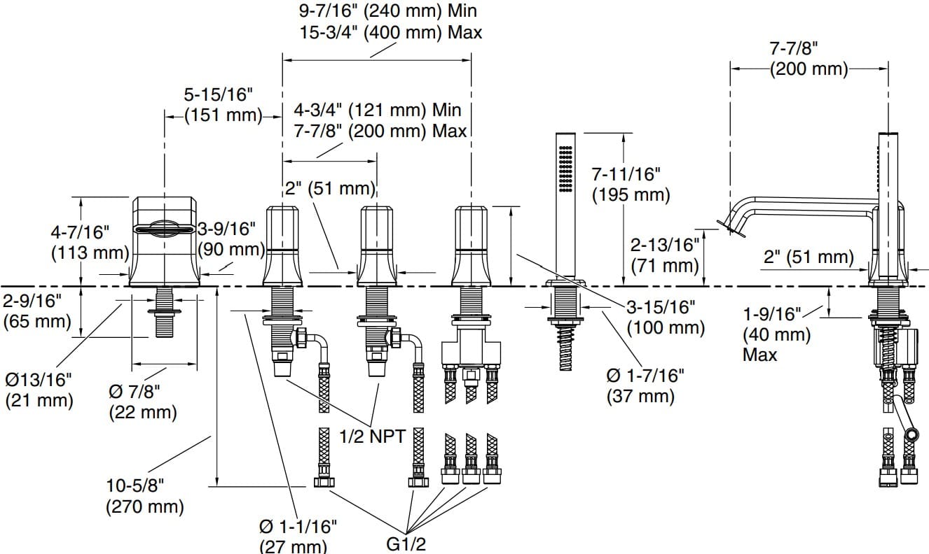 Bản vẽ vòi bồn tắm nóng lạnh Kallista P32712
