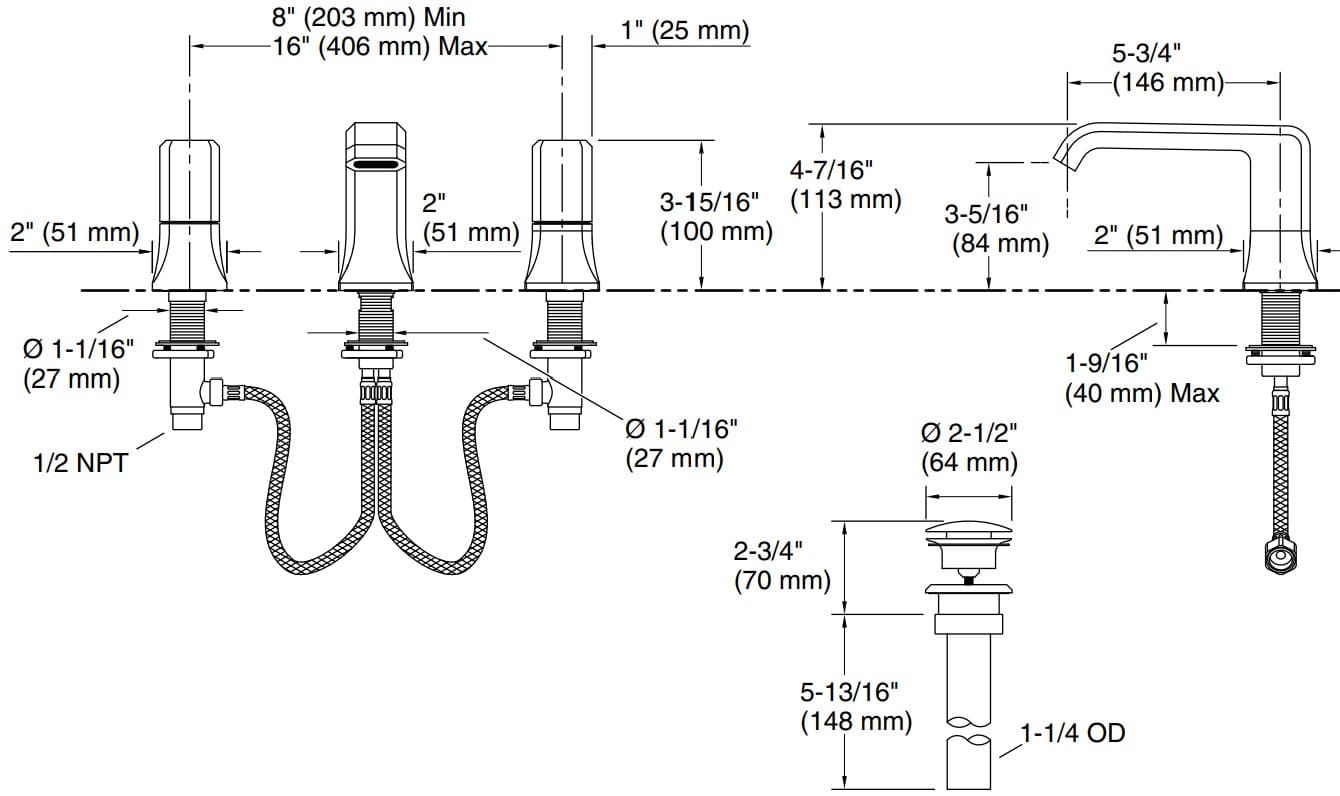 Bản vẽ vòi lavabo nóng lạnh gắn chậu Kallista P33163