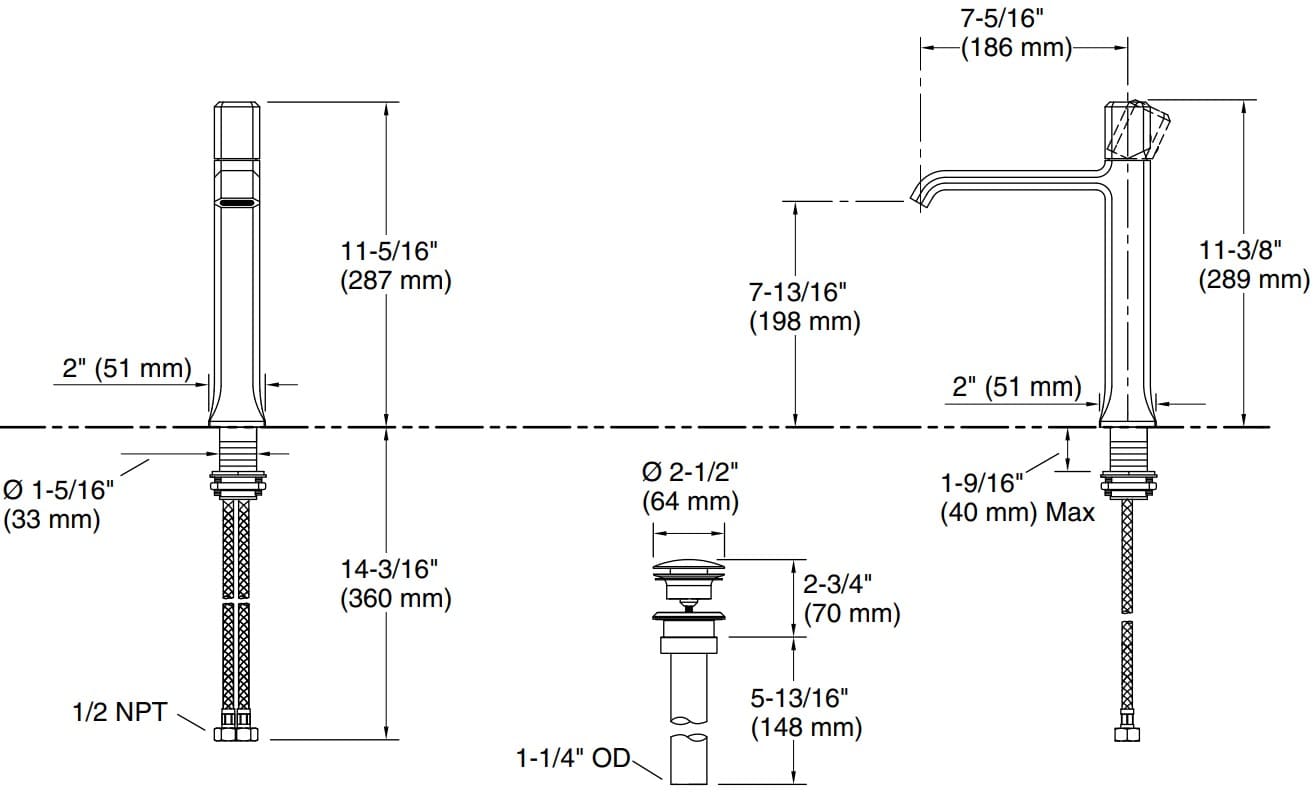 Bản vẽ vòi lavabo nóng lạnh gắn chậu Kallista P33164