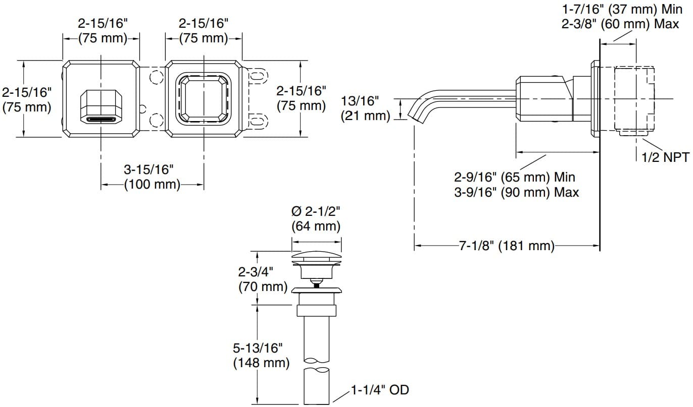 Bản vẽ vòi lavabo nóng lạnh âm tường Kallista P33166