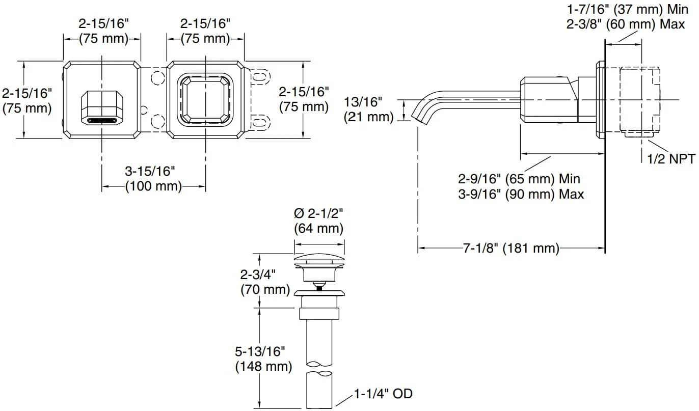 Bản vẽ vòi lavabo nóng lạnh âm tường Kallista P33166-00-CP