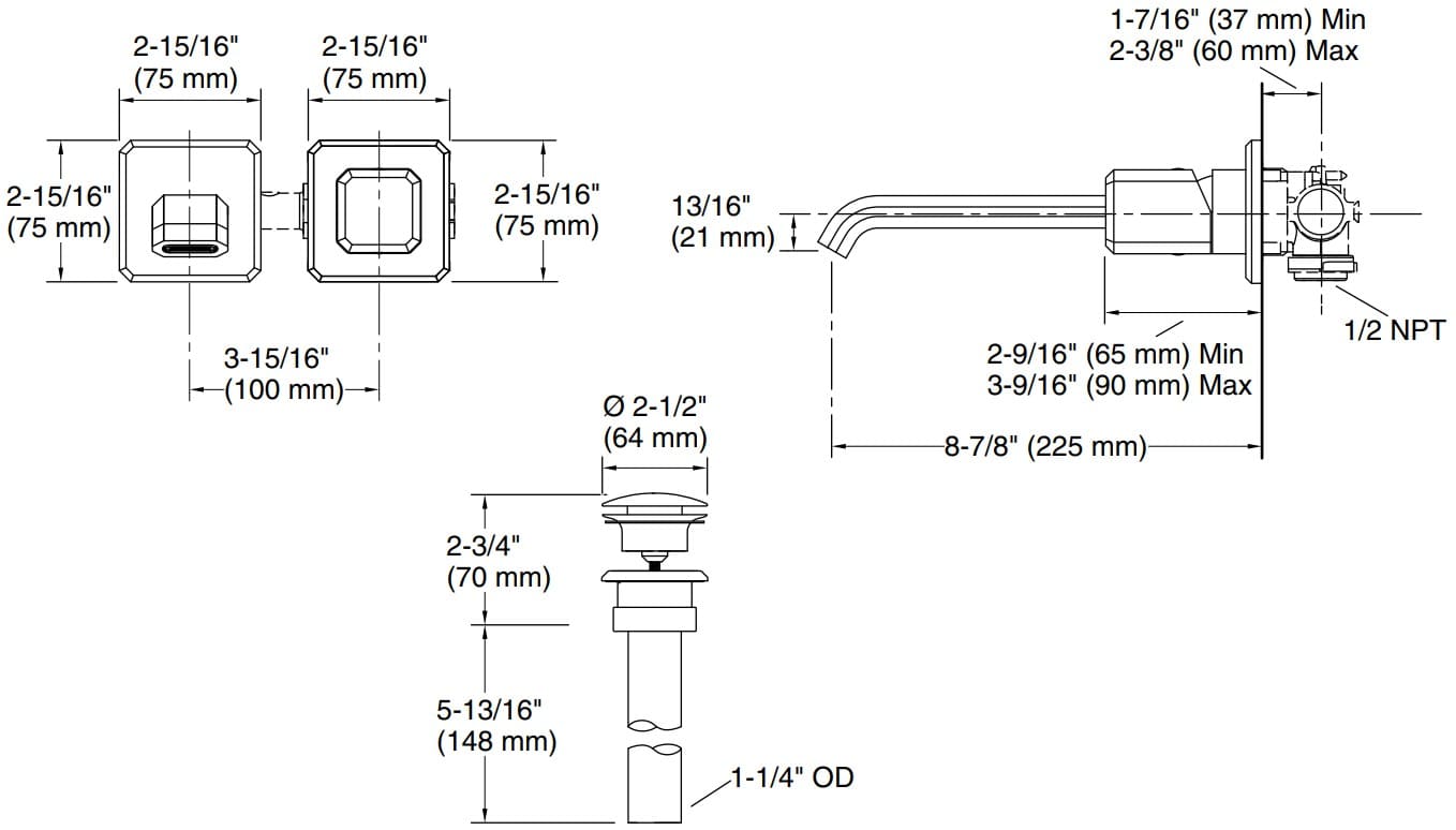 Bản vẽ vòi lavabo nóng lạnh âm tường Kallista P33167