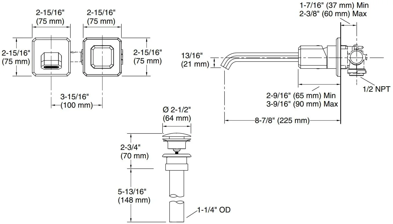 Bản vẽ vòi lavabo nóng lạnh âm tường Kallista P33167
