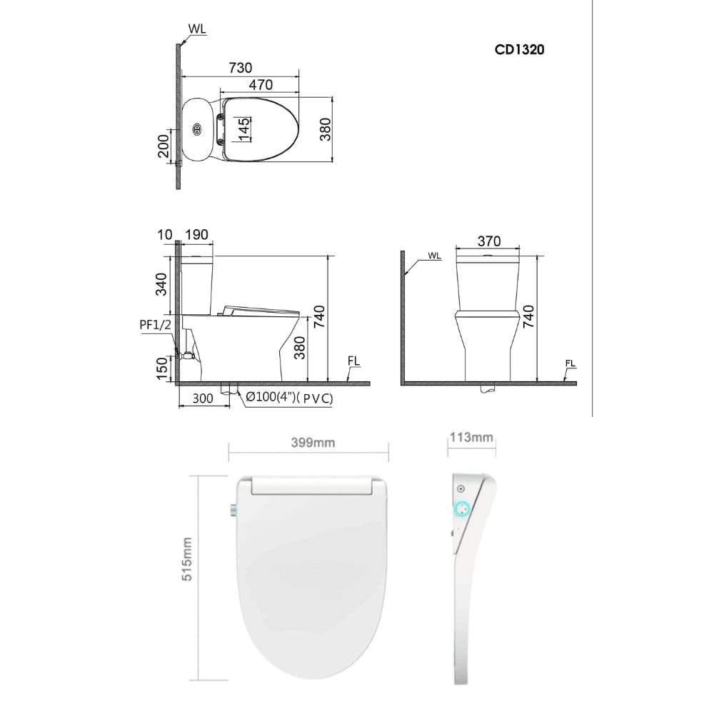 Bản vẽ kỹ thuật bồn cầu 2 khối nắp điện tử Caesar CD1320+TAF512H