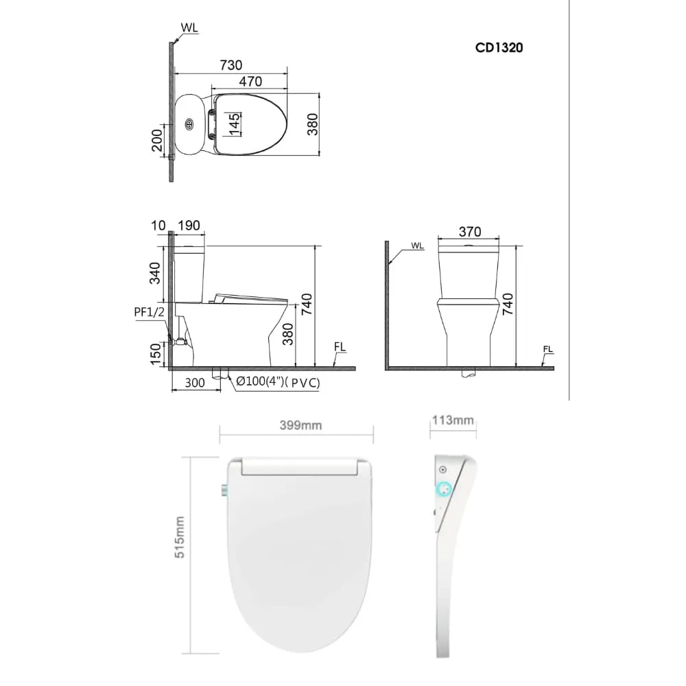 Bản vẽ kỹ thuật bồn cầu 2 khối nắp điện tử Caesar CD1320+TAF512H