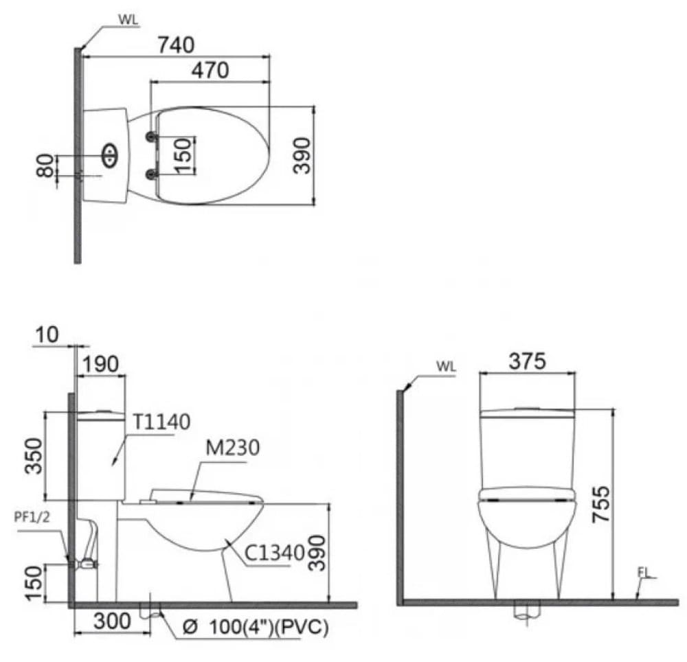 Bản vẽ kỹ thuật bồn cầu 2 khối nắp điện tử Caesar CD1340+TAF512H