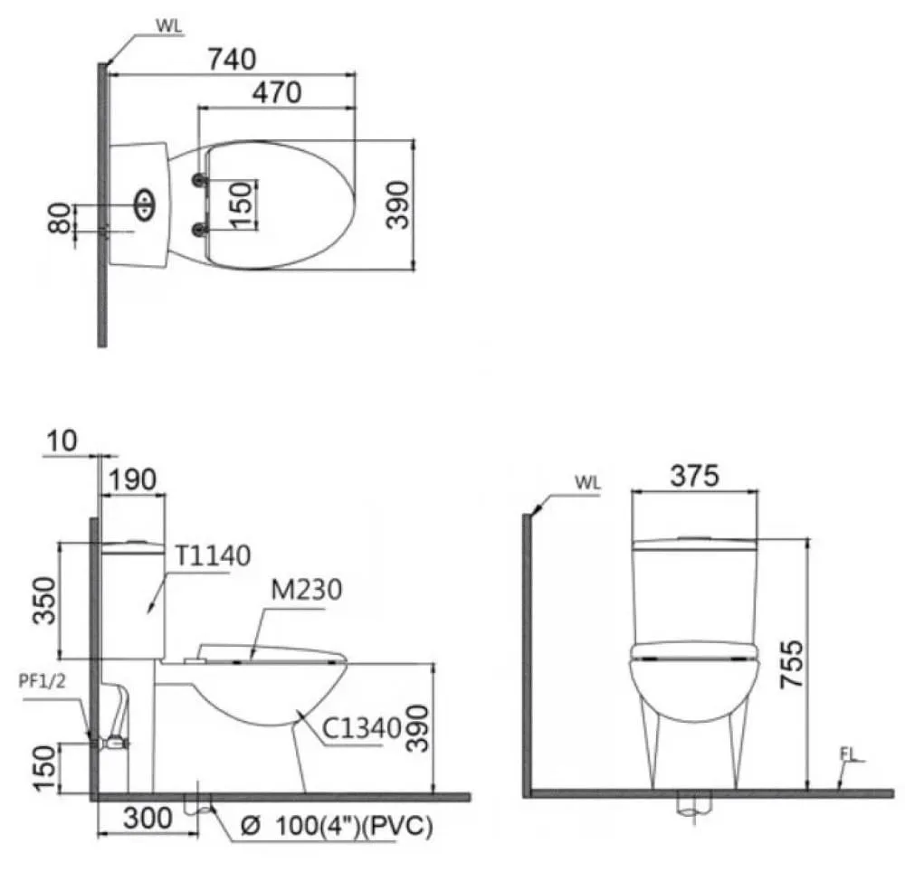 Bản vẽ kỹ thuật bồn cầu 2 khối nắp điện tử Caesar CD1340+TAF512H