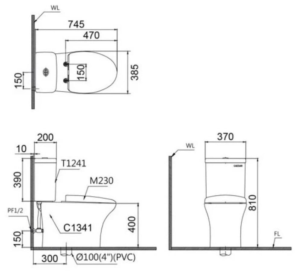 Bản vẽ kỹ thuật bồn cầu 2 khối nắp điện tử Caesar CD1341+TAF512H