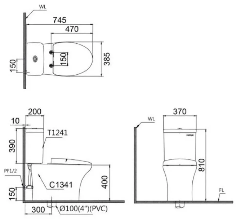 Bản vẽ kỹ thuật bồn cầu 2 khối nắp điện tử Caesar CD1341+TAF610H 