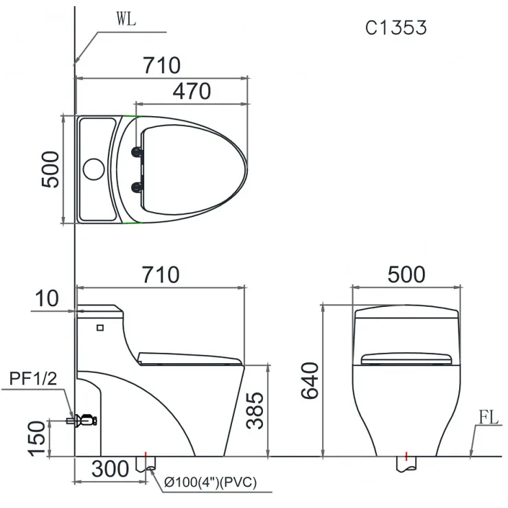 Bản vẽ kỹ thuật bồn cầu 1 khối nắp điện tử Caesar C1353F+TAF610H