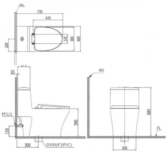 Bản vẽ kỹ thuật bồn cầu 1 khối nắp điện tử Caesar C1356F+TAF512H 