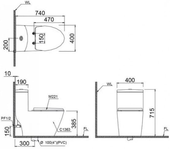 Bản vẽ kỹ thuật bồn cầu 1 khối nắp điện tử Caesar C1363F+TAF512H 