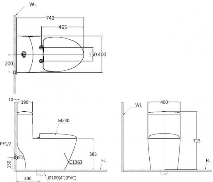 Bản vẽ kỹ thuật bồn cầu 1 khối nắp điện tử Caesar C1363F+TAF610H 