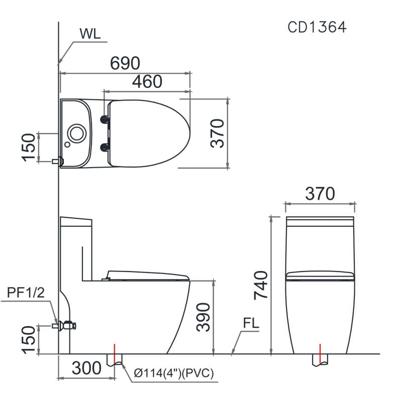 Bản vẽ kỹ thuật bồn cầu 1 khối nắp điện tử Caesar C1364F+TAF610H