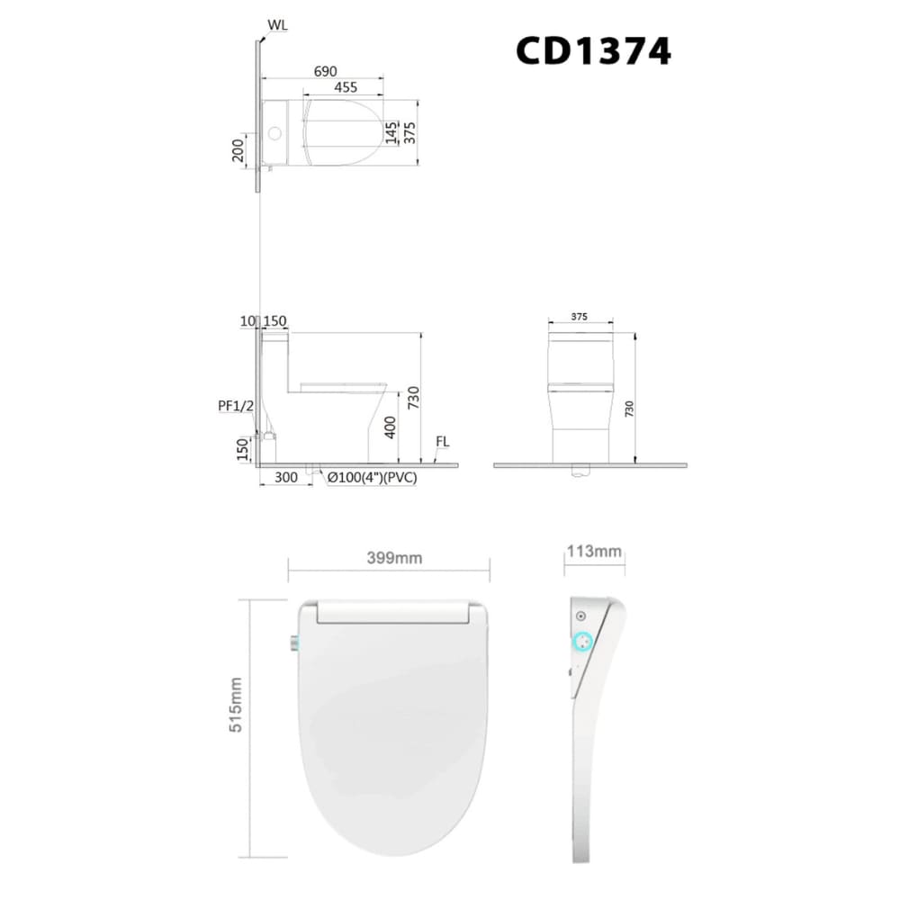 Bản vẽ kỹ thuật bồn cầu 1 khối nắp điện tử Caesar C1374F+TAF512H