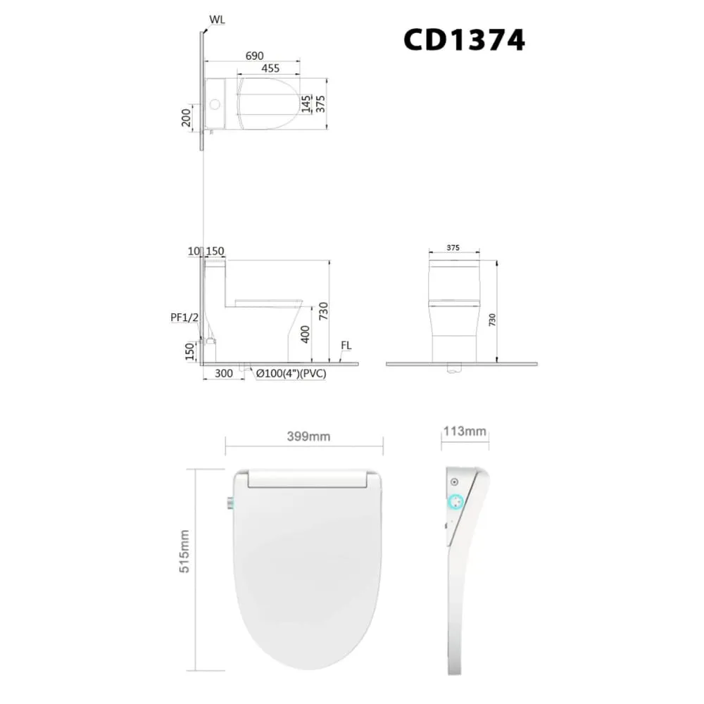 Bản vẽ kỹ thuật bồn cầu 1 khối nắp điện tử Caesar C1374F+TAF512H
