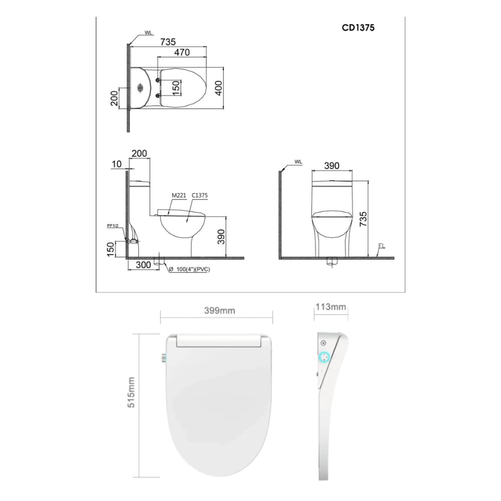 Bản vẽ kỹ thuật bồn cầu 1 khối nắp điện tử Caesar C1375F+TAF512H 