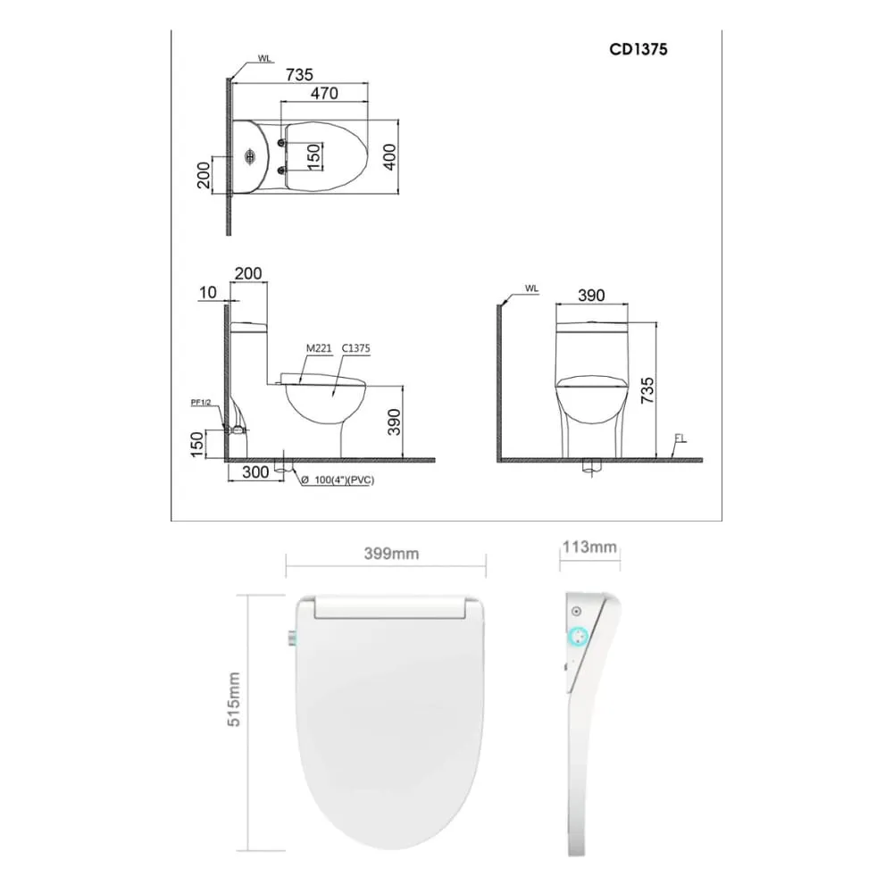 Bản vẽ kỹ thuật bồn cầu 1 khối nắp điện tử Caesar C1375F+TAF512H