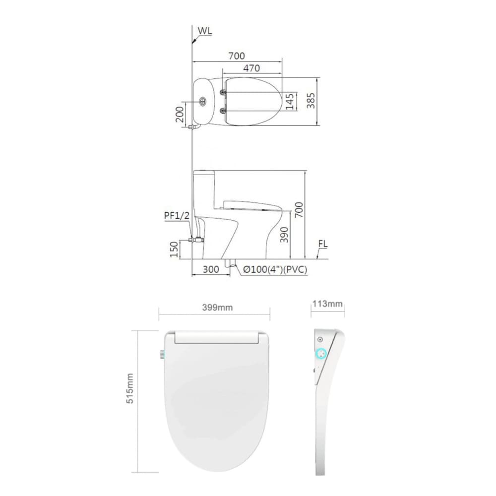 Bản vẽ kỹ thuật bồn cầu 1 khối nắp điện tử Caesar C1394F+TAF512H 