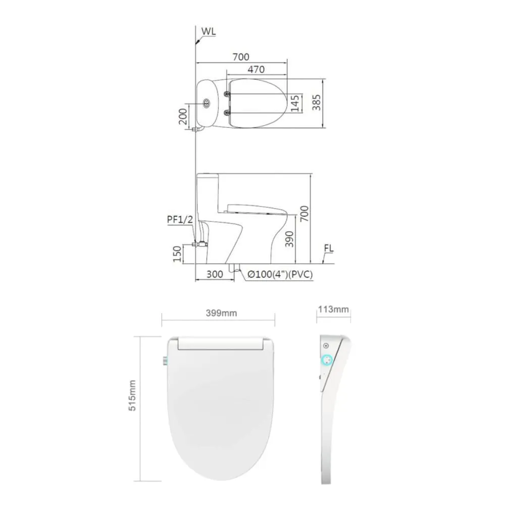 Bản vẽ kỹ thuật bồn cầu 1 khối nắp điện tử Caesar C1394F+TAF512H