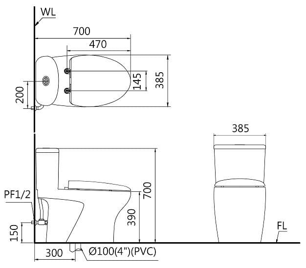 Bản vẽ kỹ thuật bồn cầu 1 khối nắp điện tử Caesar C1394F+TAF610H 