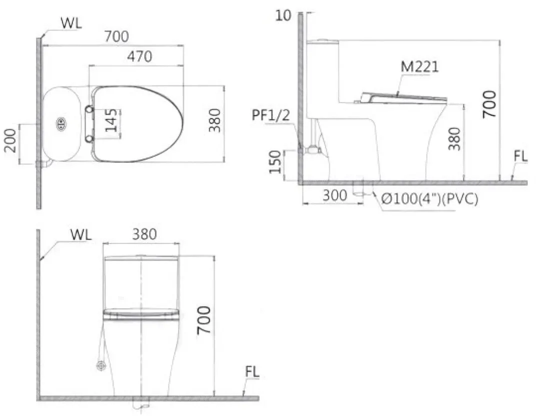 Bản vẽ kỹ thuật bồn cầu 1 khối nắp điện tử Caesar C1395F+TAF512H