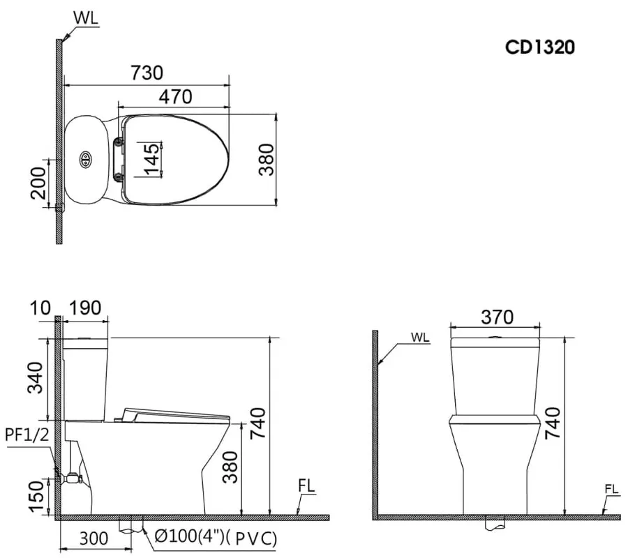 Bản vẽ kỹ thuật bồn cầu 2 khối nắp điện tử Caesar CD1320+TAF610H