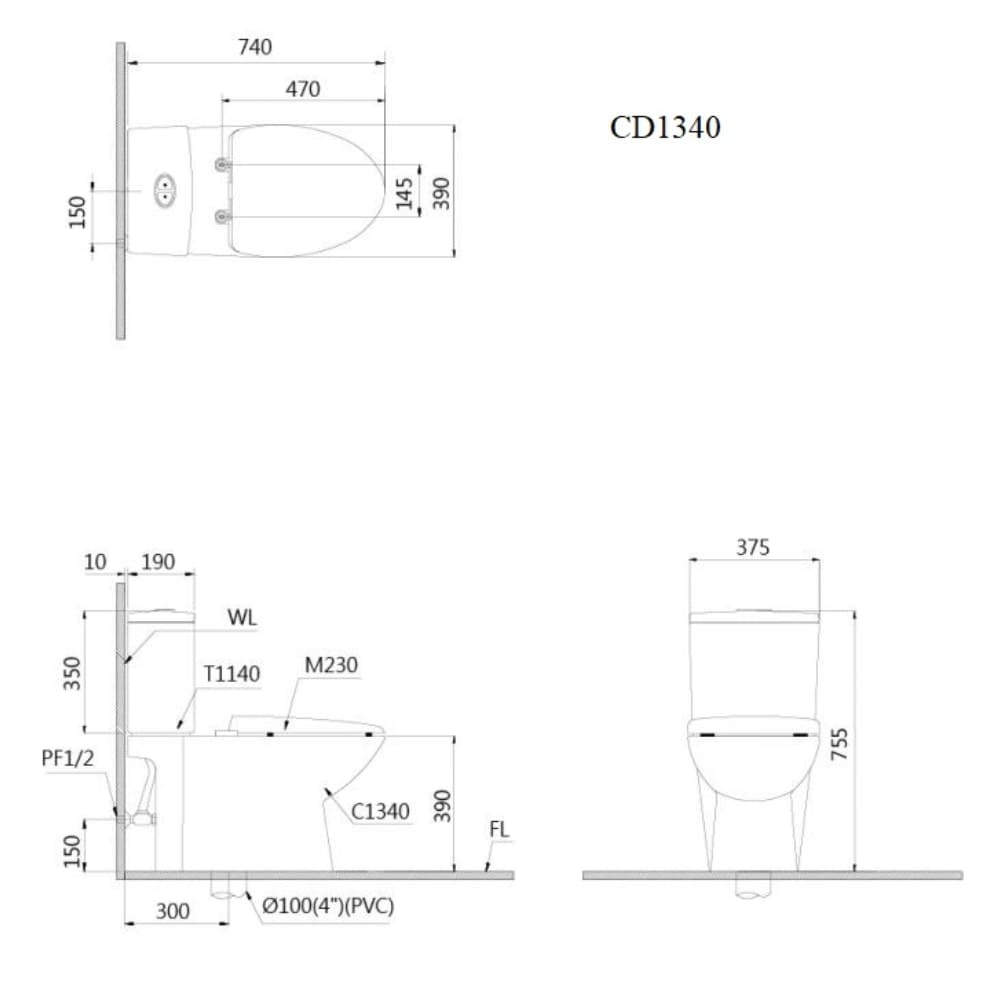 Bản vẽ kỹ thuật bồn cầu 2 khối nắp điện tử Caesar CD1340+TAF610H 