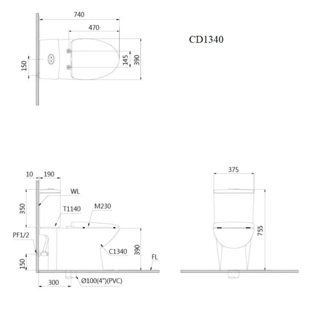 Bản vẽ kỹ thuật bồn cầu 2 khối nắp điện tử Caesar CD1340+TAF710H 