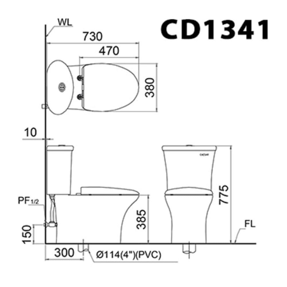Bản vẽ kỹ thuật bồn cầu 2 khối nắp điện tử Caesar CD1341+TAF710H 