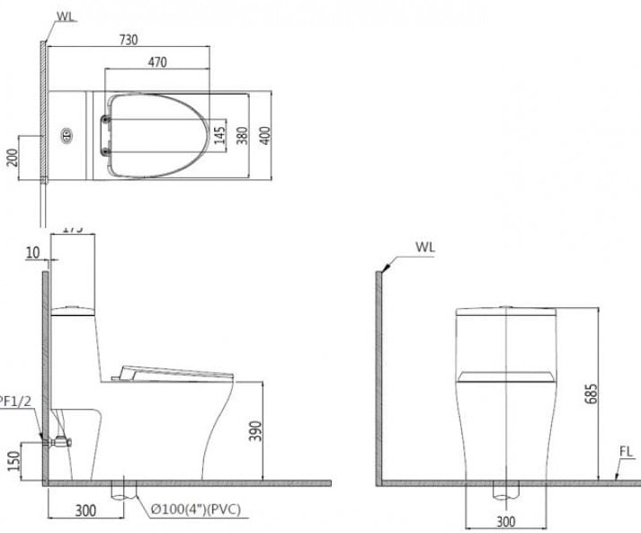 Bản vẽ kỹ thuật bồn cầu 1 khối nắp điện tử Caesar C1356F+TAF710H 
