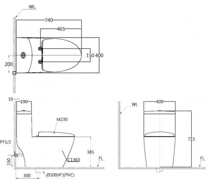 Bản vẽ kỹ thuật bồn cầu 1 khối nắp điện tử Caesar C1363F+TAF710H 