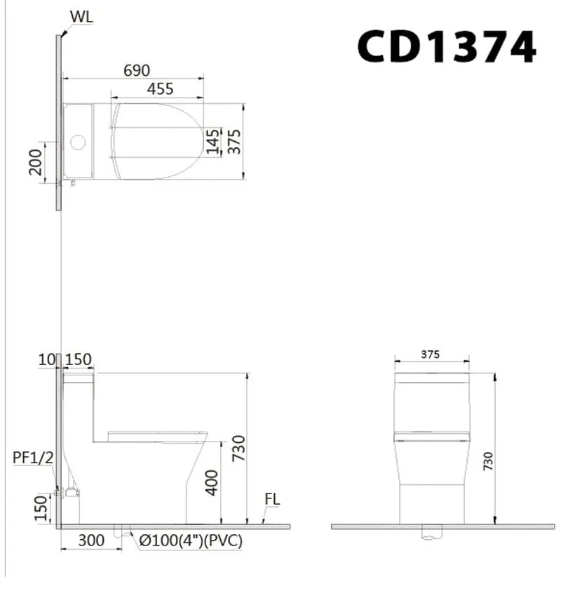 Bản vẽ kỹ thuật bồn cầu 1 khối nắp điện tử Caesar C1374F+TAF610H