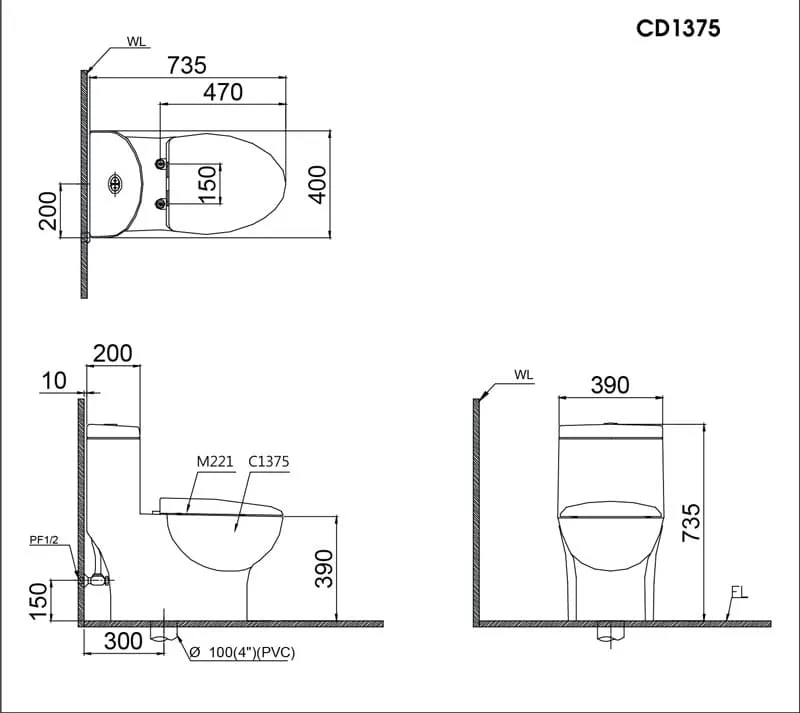 Bản vẽ kỹ thuật bồn cầu 1 khối nắp điện tử Caesar C1375F+TAF710H