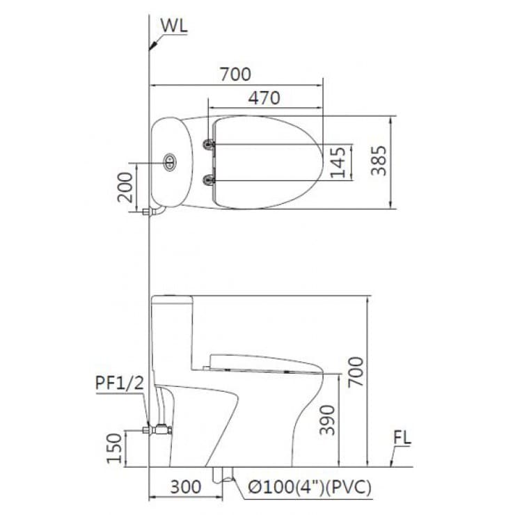 Bản vẽ kỹ thuật bồn cầu 1 khối nắp điện tử Caesar C1394F+TAF710H 