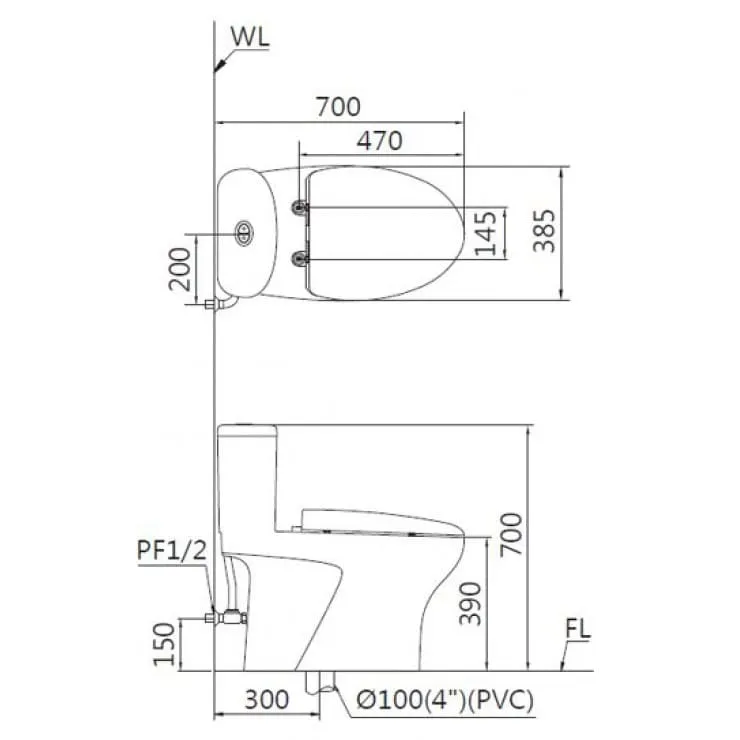 Bản vẽ kỹ thuật bồn cầu 1 khối nắp điện tử Caesar C1394F+TAF710H